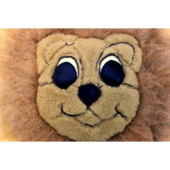 Vtg 70's 80's Hand Made Plaid Yellow Pillow 12" Faux Fur Lion Face Ruffle Trim - Picture 2 of 4